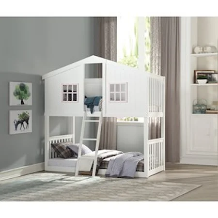 White Twin/Twin Bunk Bed in Cottage Style with Pink Accents